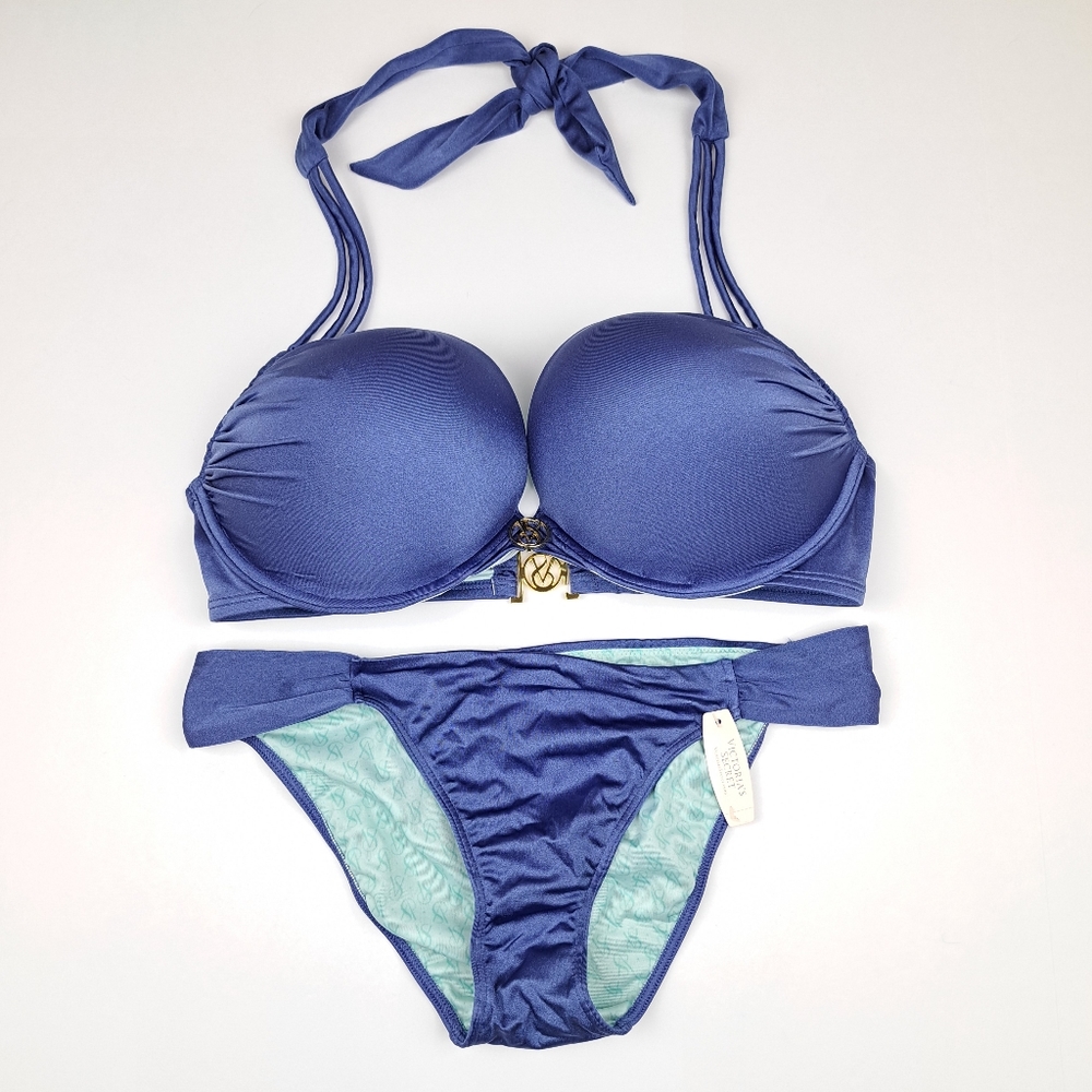 Victorias Secret Bombshell Bikini Blue 36D M Padded Underwire Swim